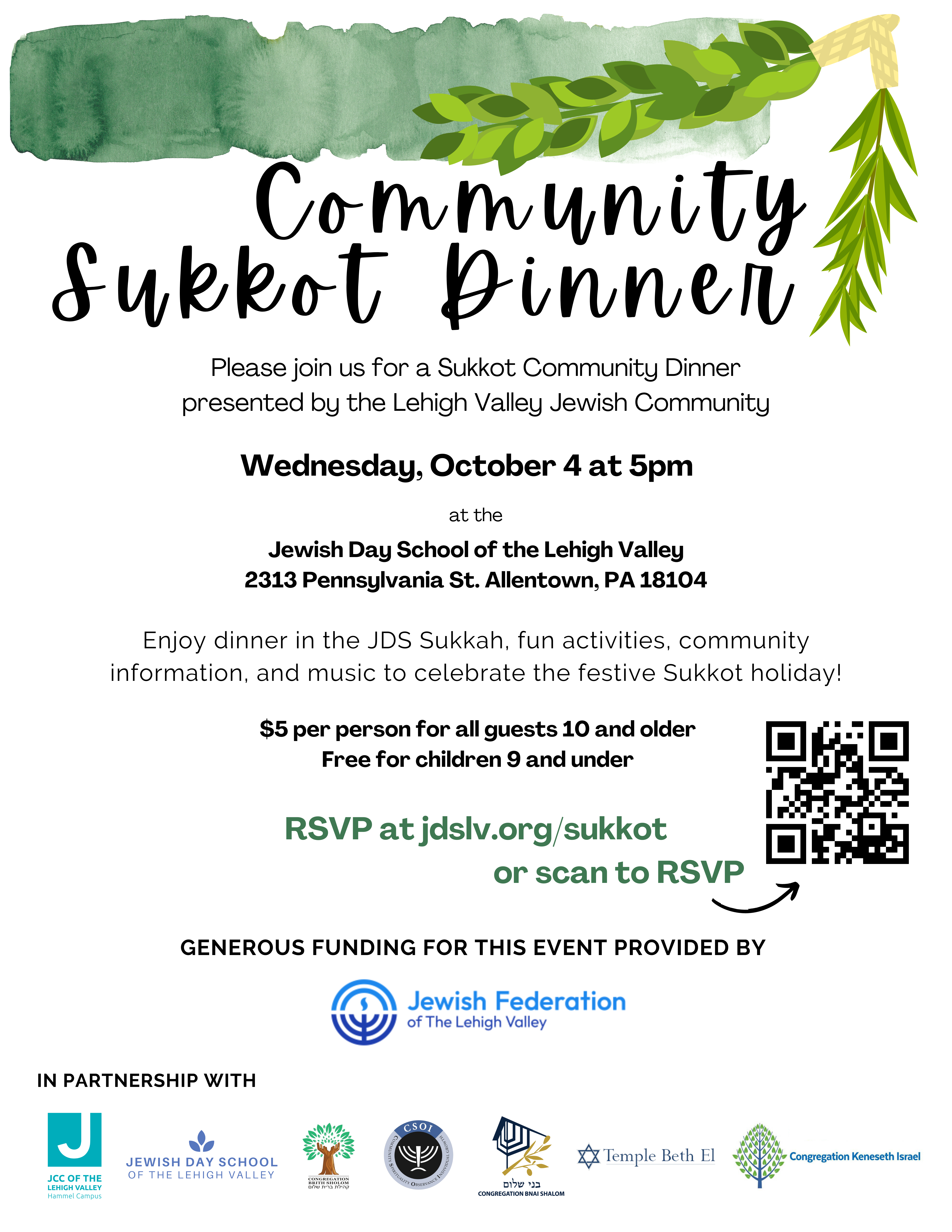 Jewish Day School invitation to celebrate Sukkot on Oct 4th at 5 P.M. image of event flyer.